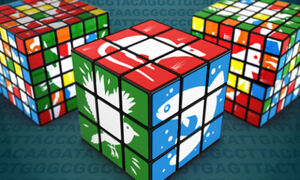 Artist's interpretation of how larger genome pieces are easier to assemble
