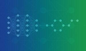 The final set of nodes in a machine learning neural network connect to the first atom of a simplified chemical structure