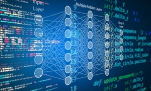 Futuristic looking deep learning diagram superimposed on computer code
