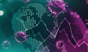 Graphic illustrating globe, statistics and coronavirus
