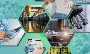 A collage of images showing wet lab, dry lab research and healthcare

