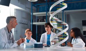 Nick Goldman and three children talk about encoding into synthetic DNA the 
text of the Convention on the Rights of the Child
