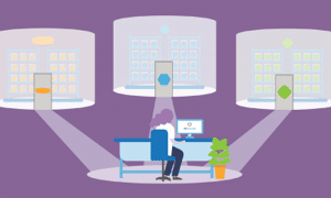 Illustration of person working at a desk and accessing data from different 
sources
